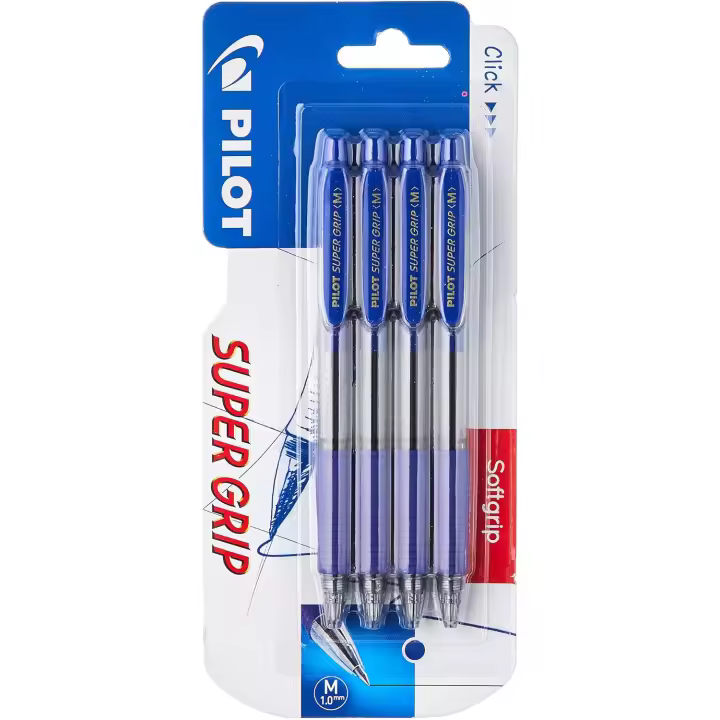 Pilot Bolígrafo Super Grip Retráctil Punta 1mm Recargable Tinta Base de Aceite Azul (Pack de 4) - 1