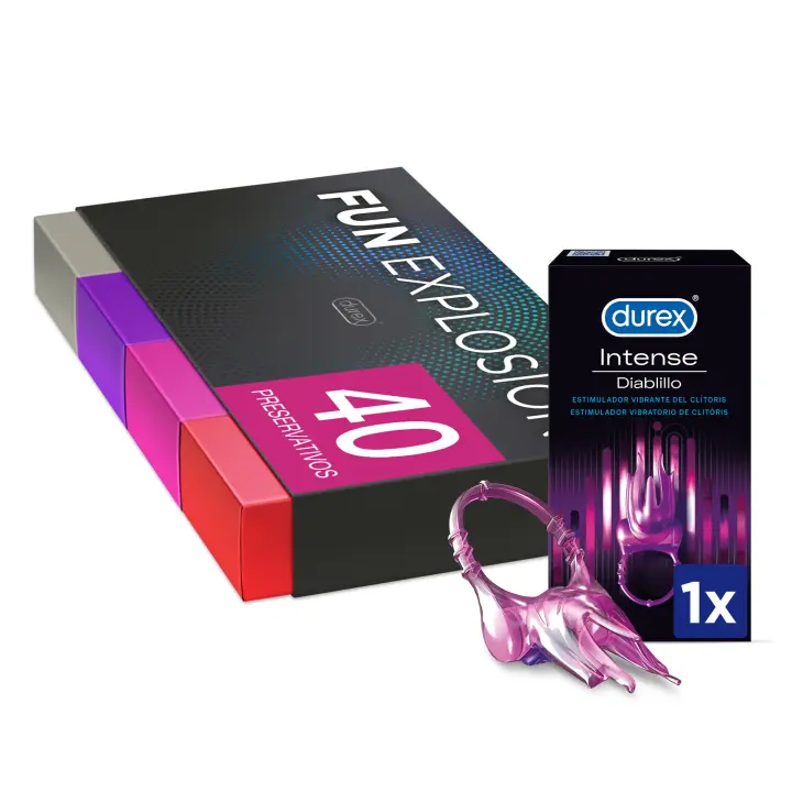 Durex - Lote Fun Explosion, Pack 40 Preservativos + Anillo Vibrador Intense Orgasmic Diablillo Estimulador Clítoris - 1