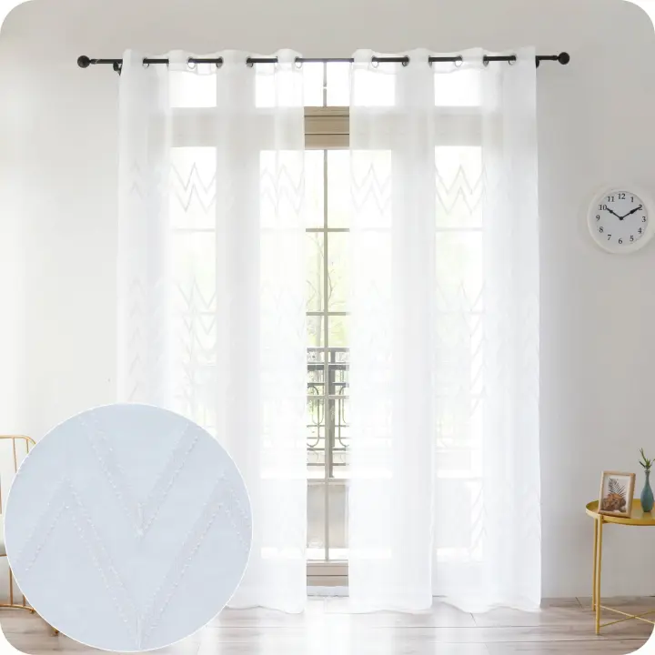 Cortina Translúcida para Salón Dormitorio con Bordado - Visillo con Bordado Transparente para Salon con Ojales 2 Unidades 140x260cm Rayas onduladas - 1