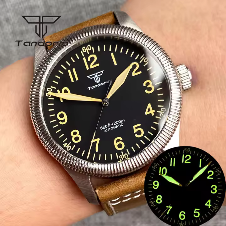 Reloj De Pulsera Automático Tandorio 39mm Para Hombres Con Bisel Flutuado Y Coronación a Tornillo Profundidad De Resistencia Al Agua 200m Vidrio De Zafiro Correa De Cuero Luminoso NH35A - 1