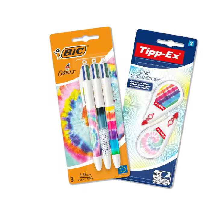 BIC Tie Dye Desk Set con 3 BIC 4Colores Decors Tie Dye Bolígrafos y 2 Cintas Correctoras Mini Pocket Mouse Decors - Diseños Surtidos - 1