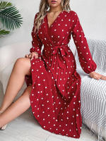 Vestido Largo Elegante De Primavera Verano Con Cuello En V Y Polka Dot Manga Larga Pleated Para Damas De Honor Vestido A-Line De Talla Regular - details 5