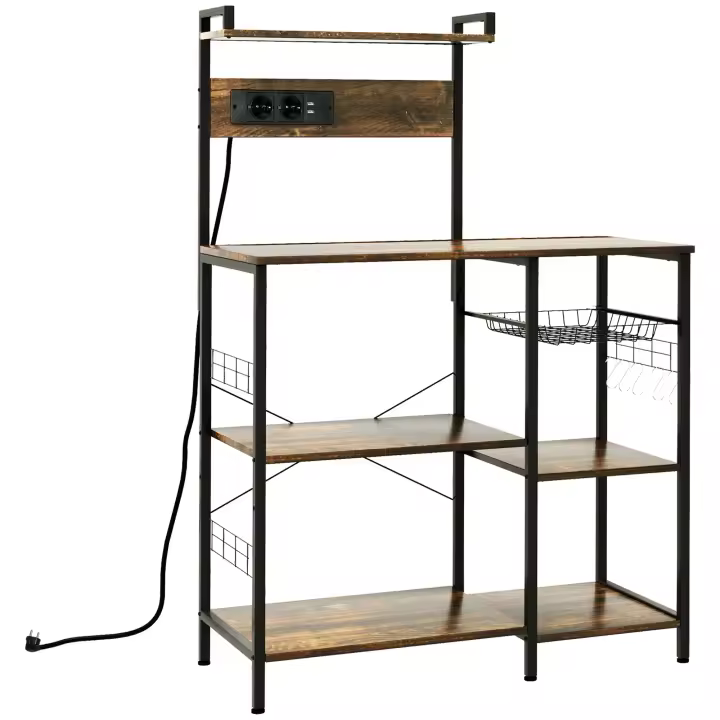 HOMCOM Estante de Cocina Industrial con Cargadores USB Estantería para Microondas con Toma de Corriente Estante Ajustable 5 Ganchos en S y Cesta Extraíble 90x42x130 cm MarrónRústico - 1