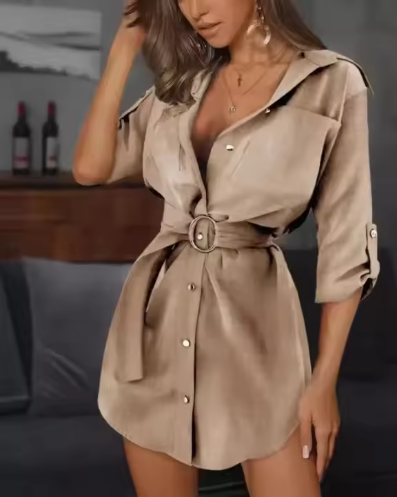 Nueva Chaqueta De Encaje Con Cordones Color Sólido Camisa Vestido Versátil Y Moda Manga Dobladilla Estilo Europeo Y Americano - 1