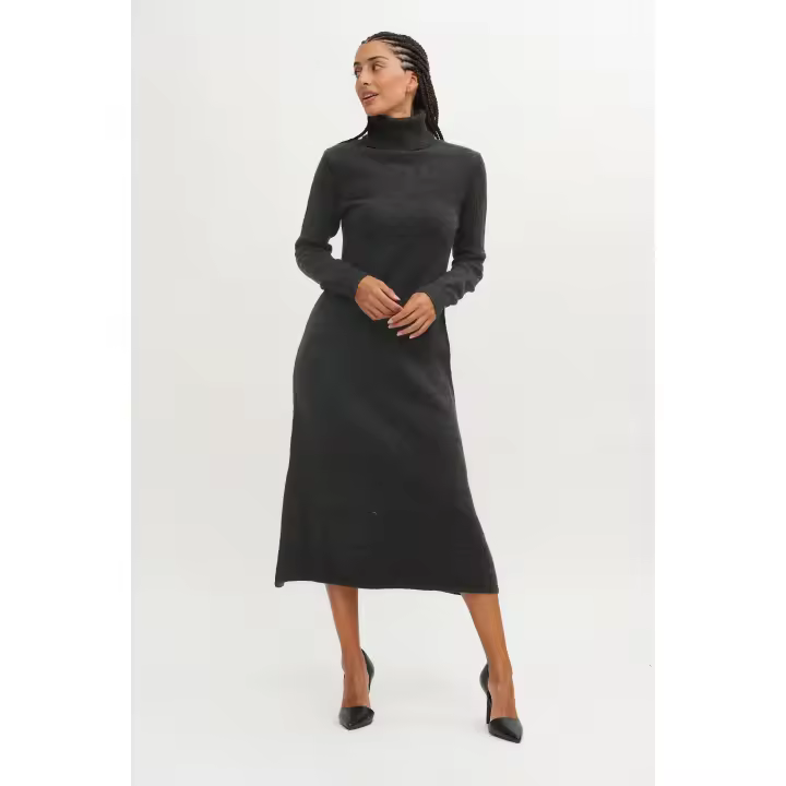 VESTIDO LADY DE PUNTO NEGRO - Vestido Midi Vestido Midi Negro, Black, con Cuello Vuelto, Mangas Largas, Punto, de Color Liso, Elegancia, Poliester, Polyester, Acrilico, Elastano - 1