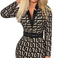 Vestido Midi Elegante De Cintura Alta Con Abertura Y Estampado Geométrico Para Mujer Vestido Elegante Para Oficina - details 2
