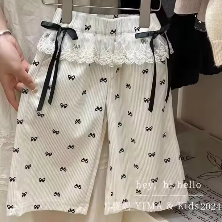 Nuevos Pantalones Para Niñas Con Lazo Estampado Primavera Otoño Cotas De Pierna Ancha Moda Cintura Elástica Talla Regular 2-8 Años - 1
