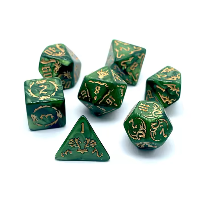Juego De Dados Poliedros DND Con Dragón Verde Impreso Y Dos Tonos Para Juegos RPG Y D&D (7PCs) Con Bolsa OPP Blanca - 1