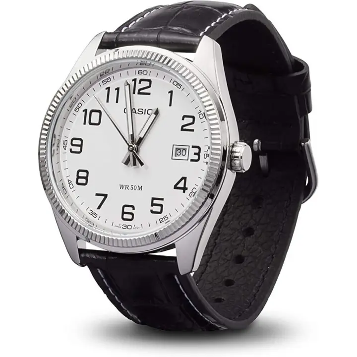 Reloj clásico hombre Casio MTP-1302PL-7B Pantalla Neón dial negro correa cuero - 1