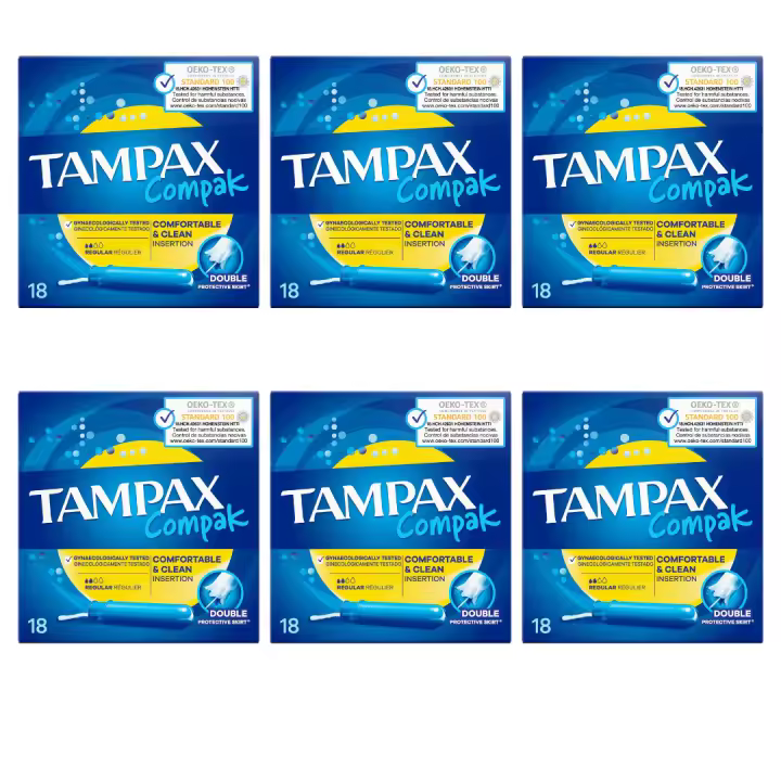 Tampax Compak Regular Pack Ahorro 6 x 18 Tampones  Protección Discreta y Cómoda para tu Periodo Femenino - 1
