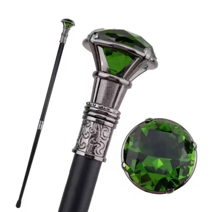 Bastón De Caminar Elegante De Plata Con Diamante Verde Decorativo Para Caballeros 93cm Tacón De Goma Mango Sólido Para Cosplay - 1