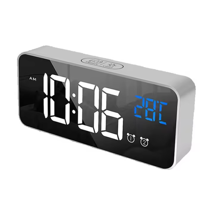 Reloj despertador digital, reloj despertador digital matutino con espejo LED, pantalla grande, temperatura/posposición/2 alarmas, brillo y sonido ajustables, activado por sonido, reloj de carga USB para escritorio - 1