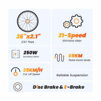 Bicicleta eléctrica Touroll U1 MTB de 26/29 pulgadas con motor de 250W, batería de iones de litio extraíble de 13Ah, autonomía de 65 km, neumáticos todoterreno CST, cambio Shimano de 21 velocidades, ideal para viajes al aire libre - details 1
