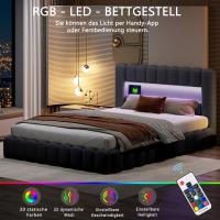 Cama canapé abatible 180x200 cm con cabecero LED, cama doble capitoné tapizada en lino gris con almacenaje - details 0