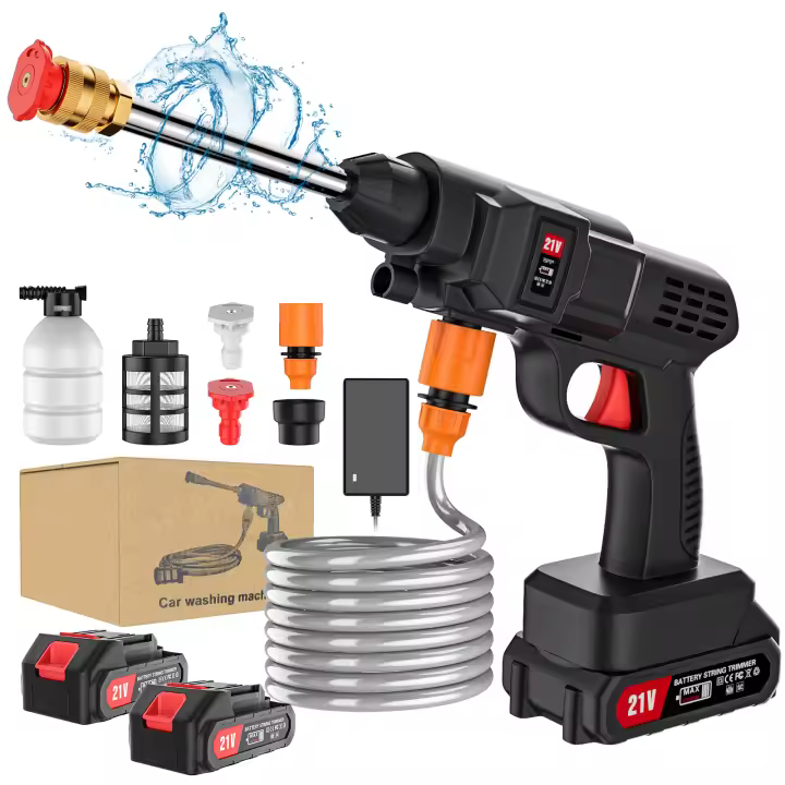 21V Pistola de agua de alta presión sin cable para uso doméstico 200W motor de cobre puro 5L gran caudal larga duración con doble batería + tubo de 5m limpiador de coche de jardinería - 1