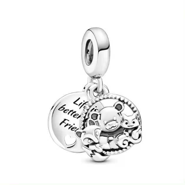 PANDORA Pasiones 799078C00-Colgante de Plata con diseño de Oso, Zorro y Ardilla, 13,9mm, Metal Precioso, Viene con El Paquete de Caja de Giunte original. - 1