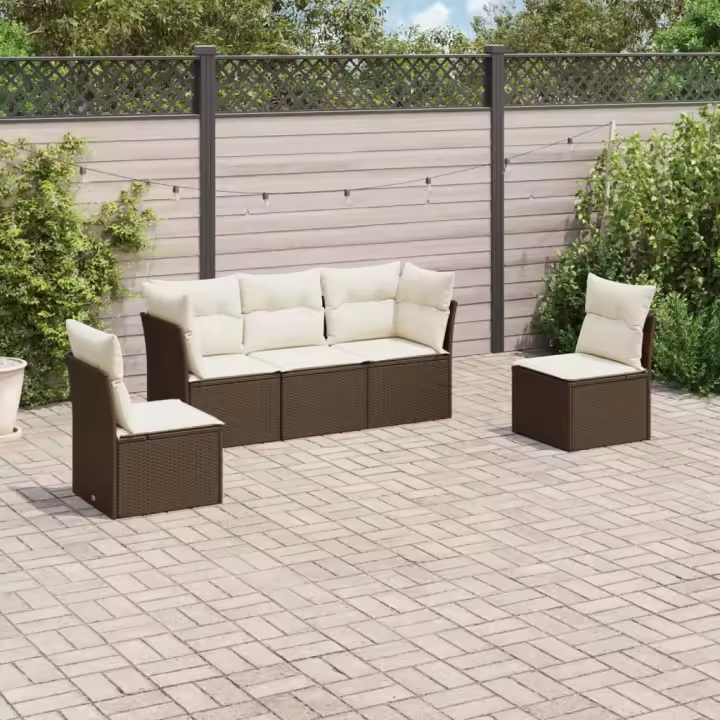 vidaXL Set comedor de jardín 5 piezas y cojines ratán sintético marrón - 1