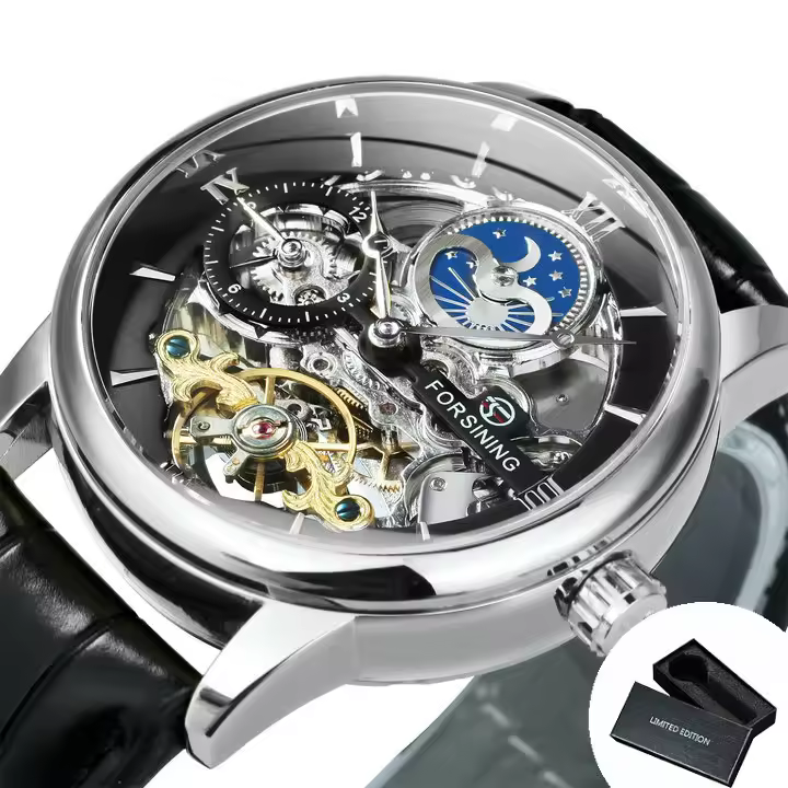 Reloj Mecánico Forsining De Lujo Con Esqueleto Y Tourbillon Para Hombres Con Correa De Cuero Genuino Zona Horaria Dual Fase De La Luna Resistente Al Agua Y Shock - 1
