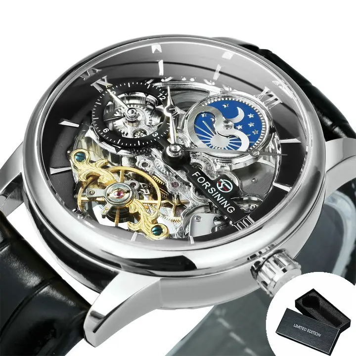 Reloj Mecánico Forsining De Lujo Con Esqueleto Y Tourbillon Para Hombres Con Correa De Cuero Genuino Zona Horaria Dual Fase De La Luna Resistente Al Agua Y Shock - 1
