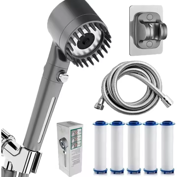 Cabezal de ducha con filtro de gotas de iones con cinco filtros, cabezal de ducha con filtro de mano, cabezal de ducha turbo de alta presión, reutilizable, configuraciones ajustables con manguera (1 pieza) - 1