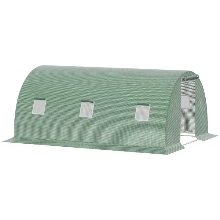 Outsunny Invernadero de Exterior 4,5x3x2 m Invernadero de Túnel con Paredes Laterales Enrollables 6 Ventanas de Malla y Puerta Enrollable con Cremallera Invernadero para Jardín Patio Verde - 1