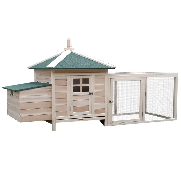 PawHut Gallinero de Madera de Abeto Refugio Jaula para Gallinas Pollos Exterior con Caja Nido Bandeja Extraíble y Espacio para Correr 196x76x97 cm - 1
