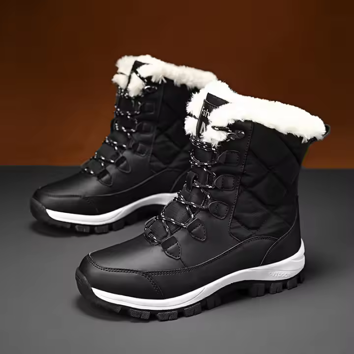 Botas De Tobillo Para Mujer Invierno Calor Antideslizante Negras Botas De Nieve Con Cordones Modernas Cuña Suelta PU Cubierta Superior - 1