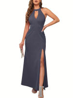 Vestido Elegante De Noche Para Mujer Con Abertura En El Brazo Y Cuello Alto Vestido Largo Para Cóctel De Polyester Y Spandex - details 10