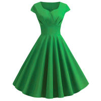 Vestido Midi De Verano Rosa Elegante Para Mujer Vuelta En El Cuello Vintage Rockabilly Pin up Fiesta Oficina Vestido A-Line Suelto - details 6