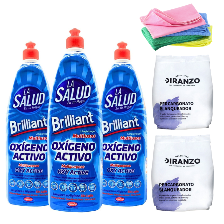 FAMILYCOM. Pack 2 Percarbonato Blanqueador Diranzo 750 gr + 3 Oxigeno Activo La Salud 1000 ml + 1 Paño Microfibra. Quitamanchas, Blanqueante y Elimina Olores y Grasa.