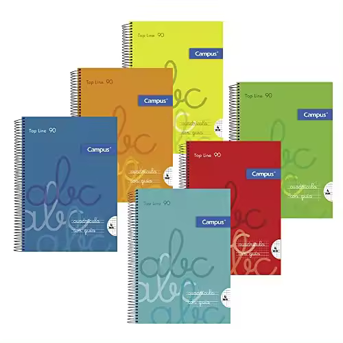 Campus - Cuadernos A4 Cuadrícula Pauta 4x4mm, Tapa Polipropileno, 80 Hojas, Pack de 6 Blocs Escolares, Aprender a Escribir y Hogar, Colores Surtidos (6 Unidades) - 1