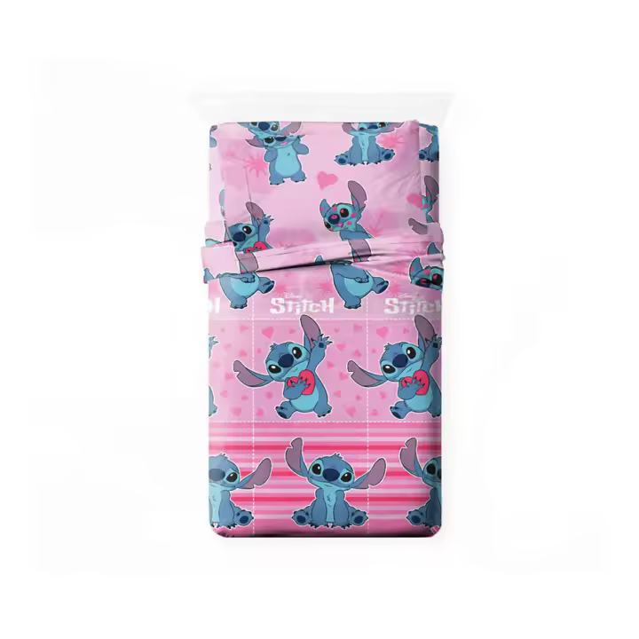 Stitch - Juego de Sábanas Verano Stitich Rosa Disney (3 piezas: encimera, bajera y funda de almohada) Oficial, Stich - 1