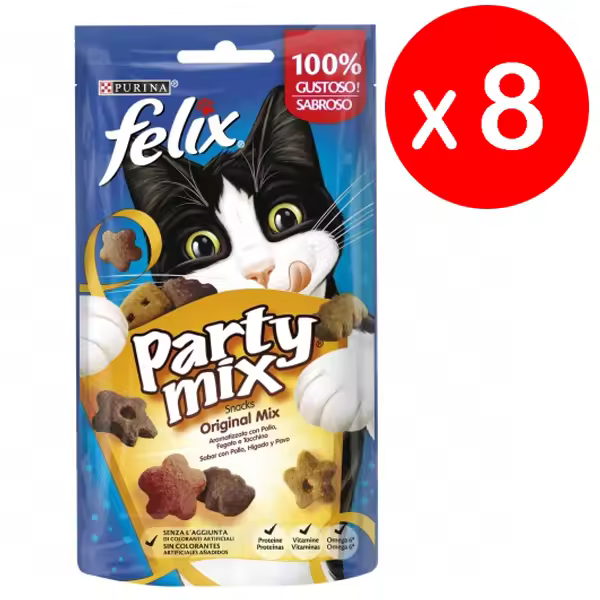 Felix Purina Party Mix Original, Snack, premio para Gato con Pollo, Higado y Pavo, 8 bolsas de 60g - 1