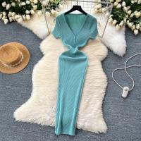 Vestido Bodycon Elegante Para Mujer Vestido Maxi De Verano Con Cuello En V Y Manga Corta Vestido Knit Elasticidad Alta Silueta Ajustada - details 9