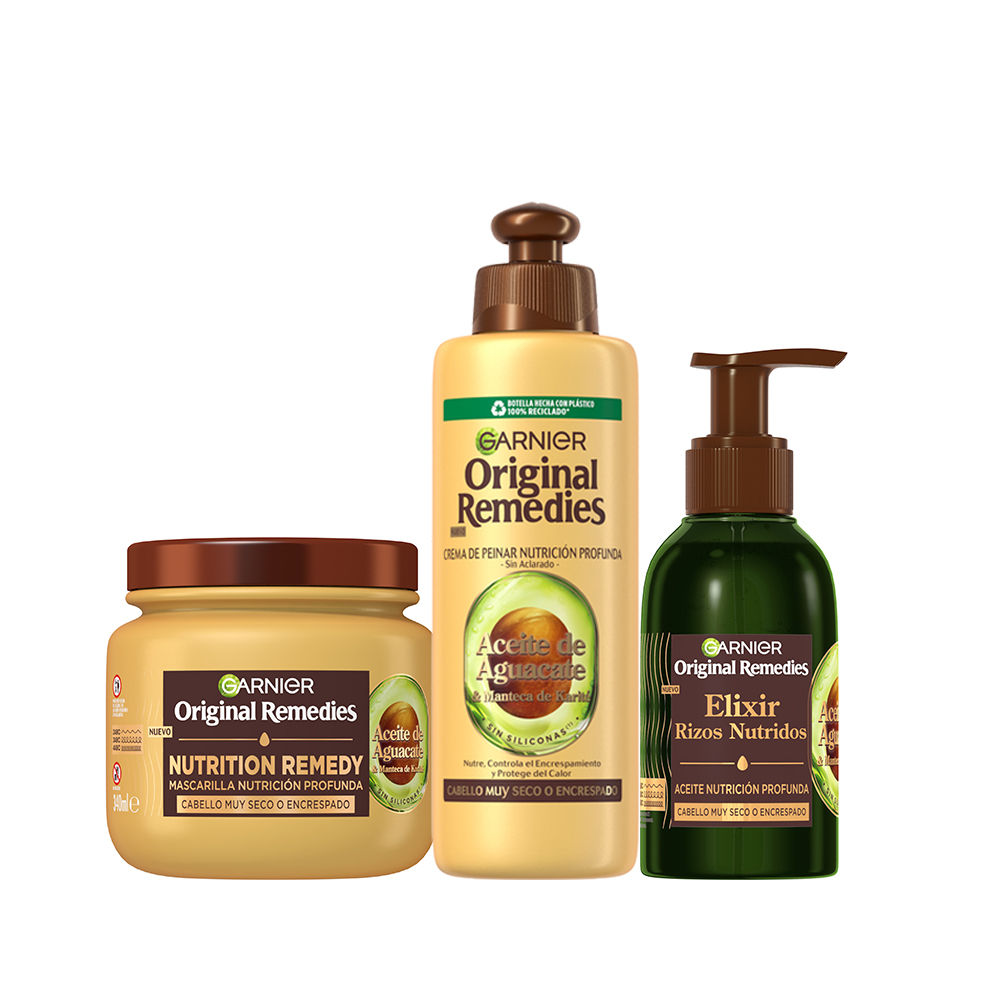 Garnier | Original Remedies Rutina de Aceite de Aguacate y Manteca de Karité Champú, Aceite en crema, mascarilla y Acondicionador de Nutrición Profunda  para pelo muy seco o encrespado