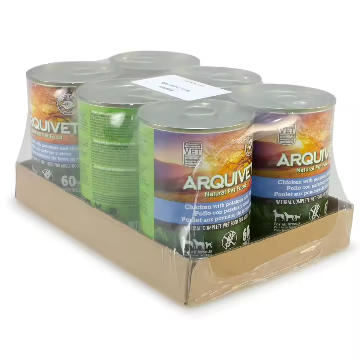 Latas de Pollo con Patatas y arroz con Aceite de salmón - Pack 6 Unidades x 400 gr - Comida húmeda para Perros - para Perros Senior, Todo Tipo de Razas - Arquivet  88% Pollo Fresco - 1