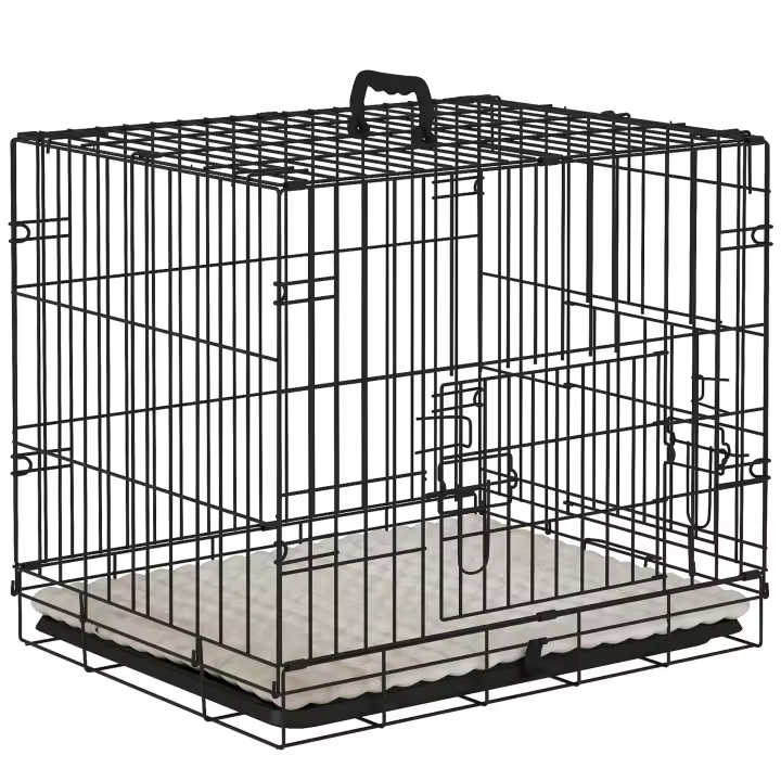 PawHut Jaula para Perros Plegable Jaula para Perros Pequeños con Cojín 2 Puertas Bandeja Extraíble y Marco de Alambre Metálico 60x40x50 cm Negro y Beige - 1