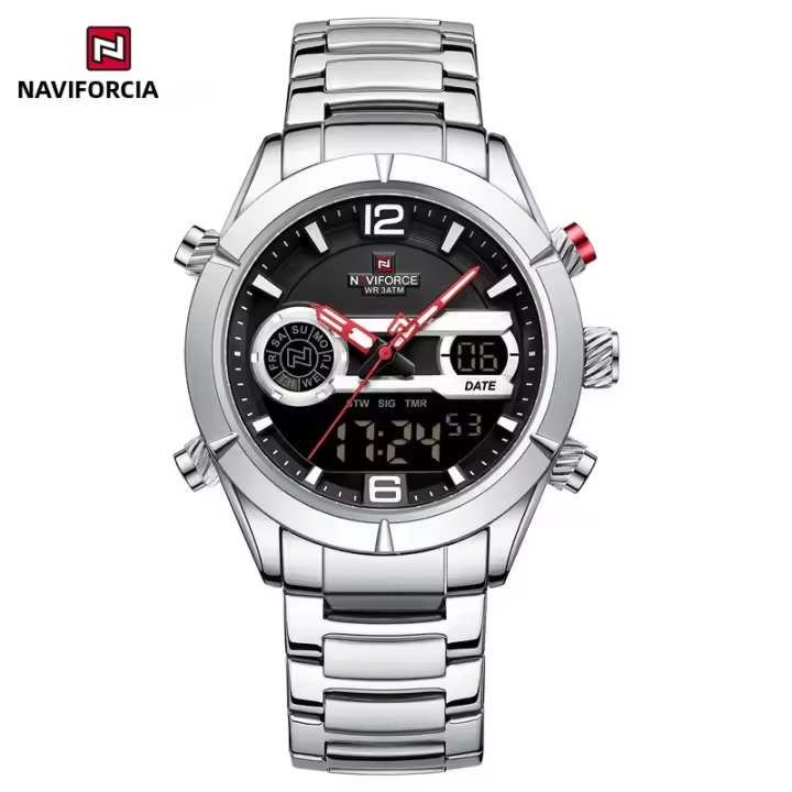 Reloj De Pulsera Deportivo Militar De Lujo NAVIFORCE Para Hombres Con Pantalla Digital Y Analógica Resistente Al Agua Y Al Choque Manos Luminosas Correa De Acero Inoxidable - 1