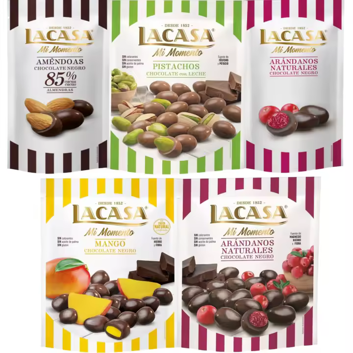 Lacasa Mi Momento pack de 5:Arándano choco Negro 60G,Almendra 85% 65G,Arándano choco Negro 125G,Pistacho Leche 100G,Mango choco Negro 115G - 1