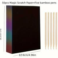 Kit De Arte De Rascado Con Arcoíris 50 Hojas Y 5 Dibujos De Bambú Set De Pintura De Mesa Con Palillos De Madera Regalo De Cumpleaños - details 5
