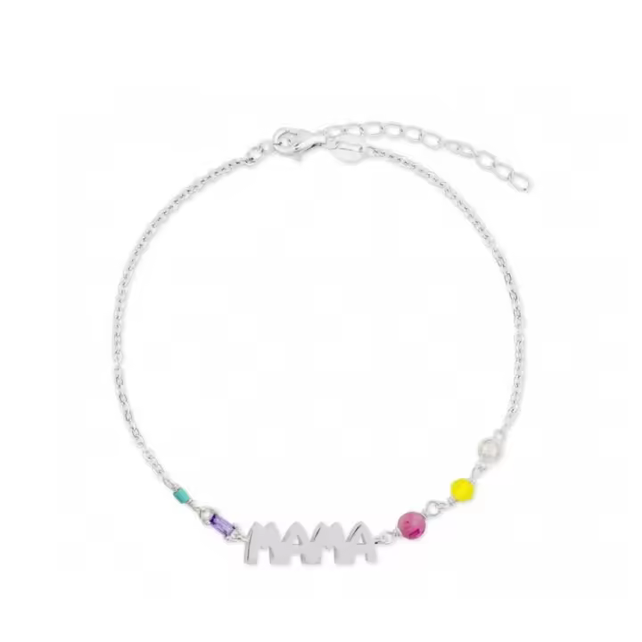 Pulsera mamá de Plata de Ley 925 Turmalina Mama - Rodio y Piedras de Colores - 16,5 Cm + 2,5 Cm Extensor - 1