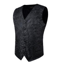 Chaleco De Seda Para Hombre Negro Con Paisaje Solido Para Boda Y Baile De Promoción Chaqueta De Cintura Con Corbata Para Traje DiBanGu - details 6
