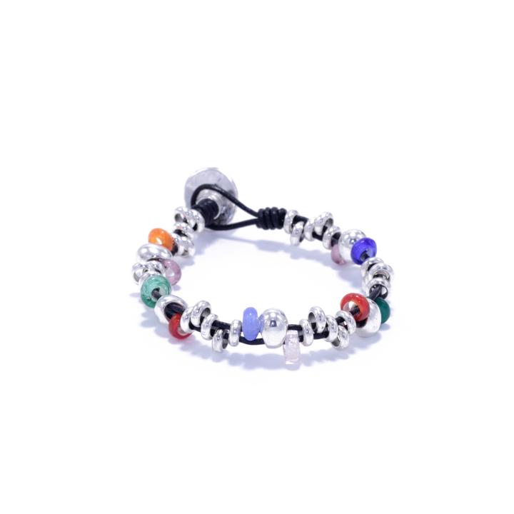 NILUXE DESIGN Pulsera de Cuero Marrón y Zamak Bañado en Plata - Estilo Boho Chic - Cristales Checos de Colores - Pulsera de Plata Estilo Bohemio - Hecho a Mano en España