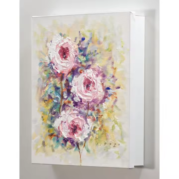 Cuadroexpres - Armario para Llaves, para pared, 26x31x6 cm, Pintado a Mano, Flores Rosas, con Relieve, 100% Original, Con 12 ganchos para colgar llaves. Tornillos y tacos incluidos. Firmado por el artista - 1
