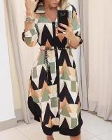 Vestido Liso Con Estampado Clásico De Rayas Blusa Y Vestido Casual Elegante Cuello V Manga Regular Polyester Midi Adecuado Para Mujer - details 4