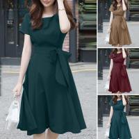 Vestido ZANZEA De Verano Para Mujer Con Manga Corta Estilo Casual Elegante A-Line Vestido De Fiesta Trabajo Sundress De Rodilla Largo Con Cinturón Decorativo - details 1