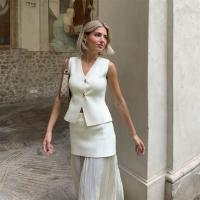 Conjunto De Vestido Y Falda Larga De Punto Para Mujer Estilo Moderno Y Elegante Primavera 2024 Sin Mangas Cuello En V Cierre Único - details 2