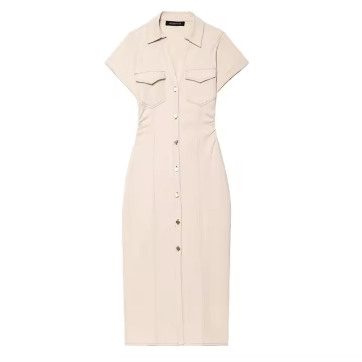 Vestido Largo De Denim Plegado TRAF Para Mujer Estilo Casual Cintura Natural Manga Corta Cierre Único Vestidos De Calle - 1