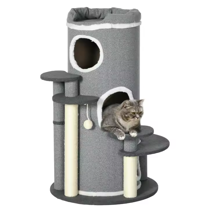 PawHut Barril rascador para gatos de 99 cm, árbol rascador para gatos con cama para gatos, pelota de juego, plataformas, rascador para gatos con 3 puertas, muebles para gatos, gris - 1