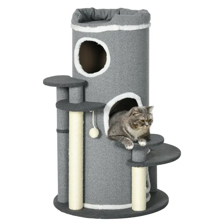PawHut Barril rascador para gatos de 99 cm, árbol rascador para gatos con cama para gatos, pelota de juego, plataformas, rascador para gatos con 3 puertas, muebles para gatos, gris - 1